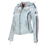 Women's Detachable Hood Leather Biker Jacket Stone Wash: Diana