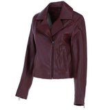 Ladies Veg Tanned Leather Plain Biker Jacket Burgandy: AWL-79