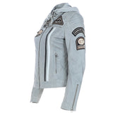Women's Detachable Hood Leather Biker Jacket Grey: Sofi