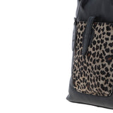 Black Leather Shoulder Bag with Leopard Print Pocket: ELA 1128