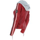Women's Detachable Hood Leather Biker Jacket Red: Nirma