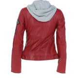 Women's Detachable Hood Leather Biker Jacket Red: Sofi
