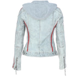 Women's Detachable Hood Leather Biker Jacket Stone Wash: Diana
