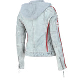 Women's Detachable Hood Leather Biker Jacket Stone Wash: Diana