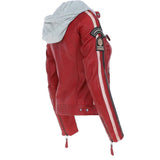 Women's Detachable Hood Leather Biker Jacket Red: Nirma