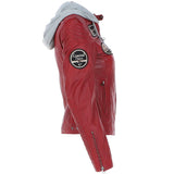Women's Detachable Hood Leather Biker Jacket Red: Sofi