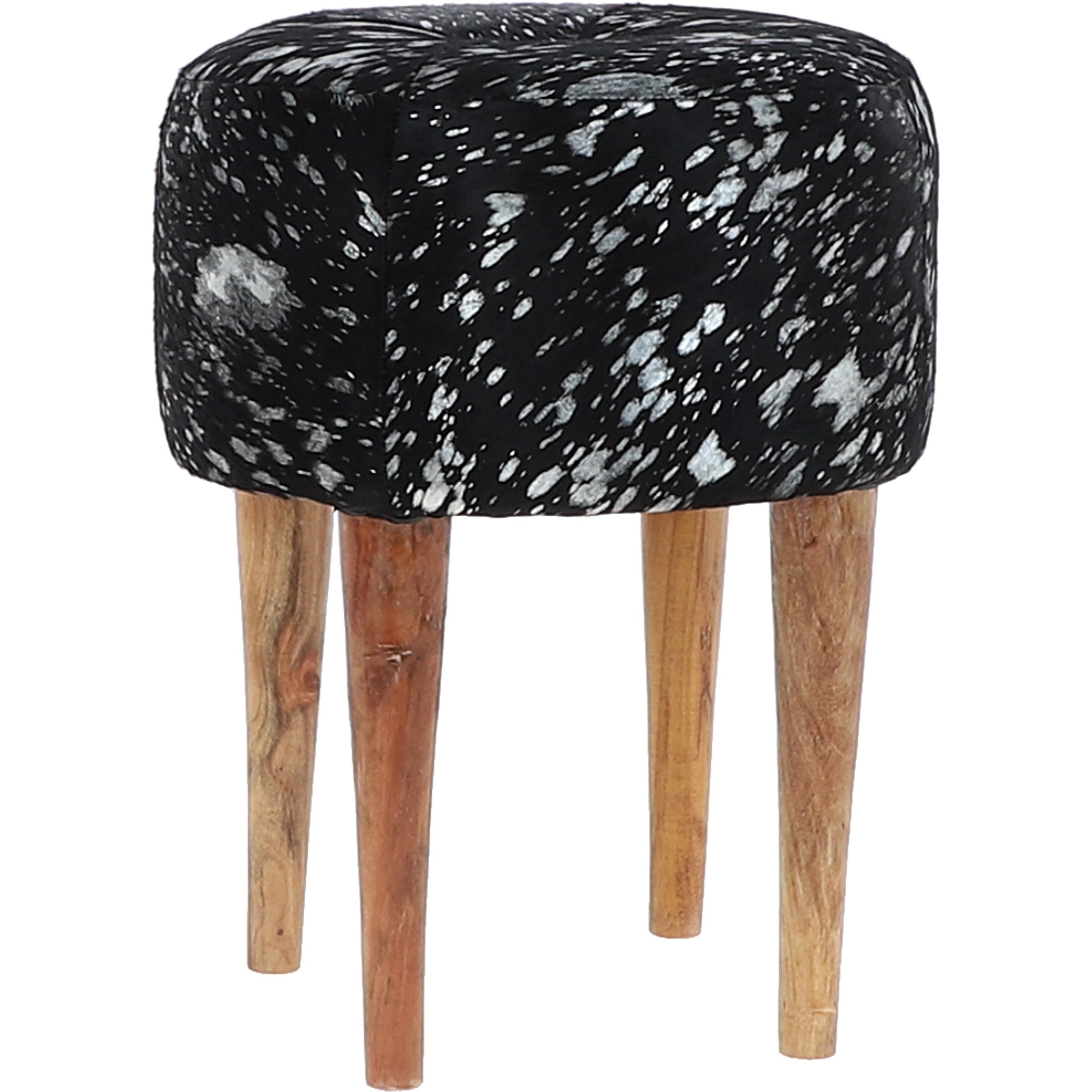 Wooden Legs Hair-on Cowhide Stool Black/Silver: AGC-18