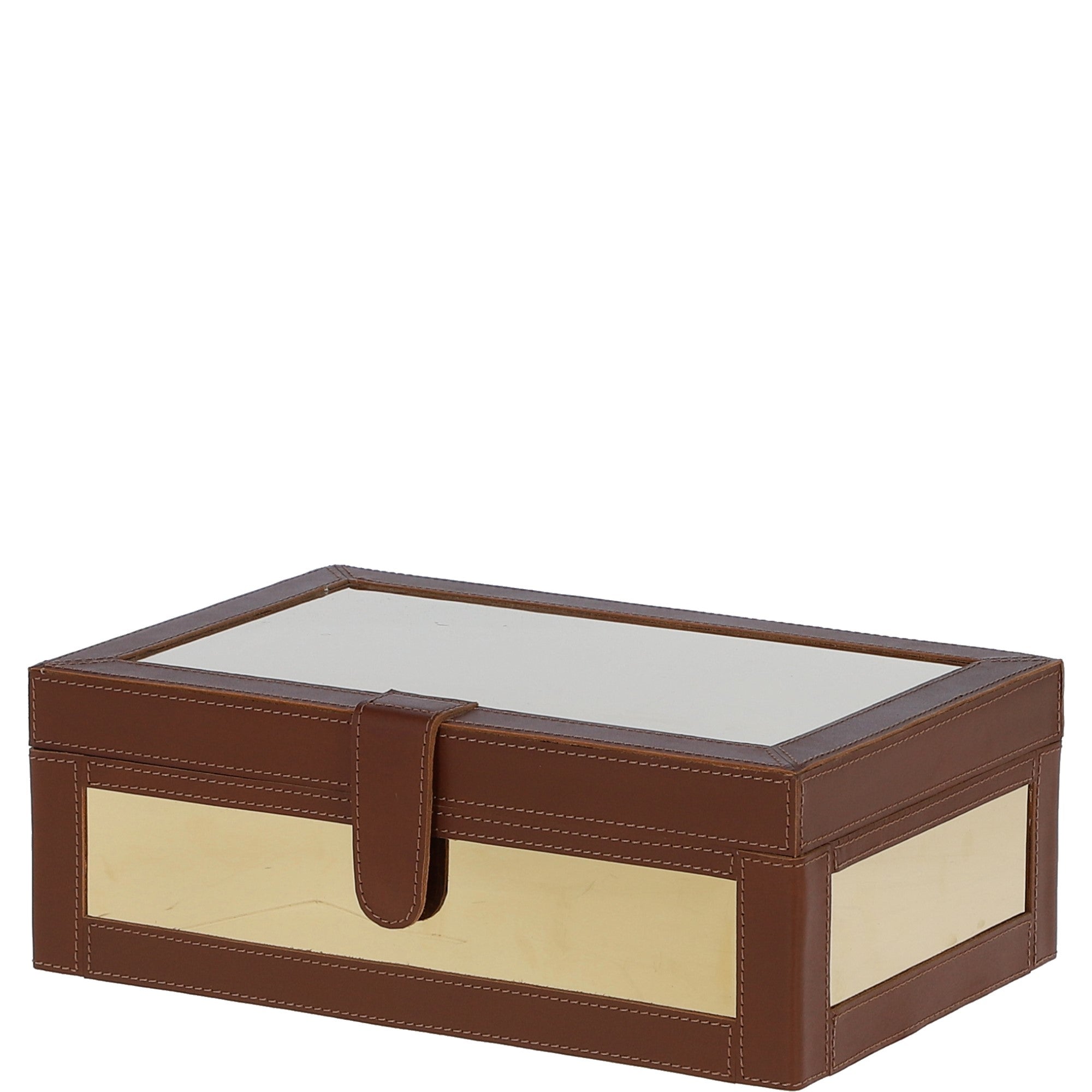 Wood and Aluminium Mirror Storage Box with Tan Leather Trim: AGC1853