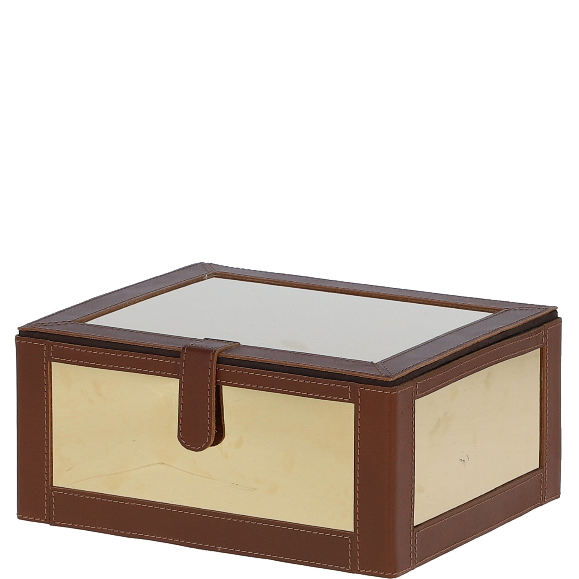 Wood and Aluminium Mirror Storage Box with Tan Leather Trim: AGC1854