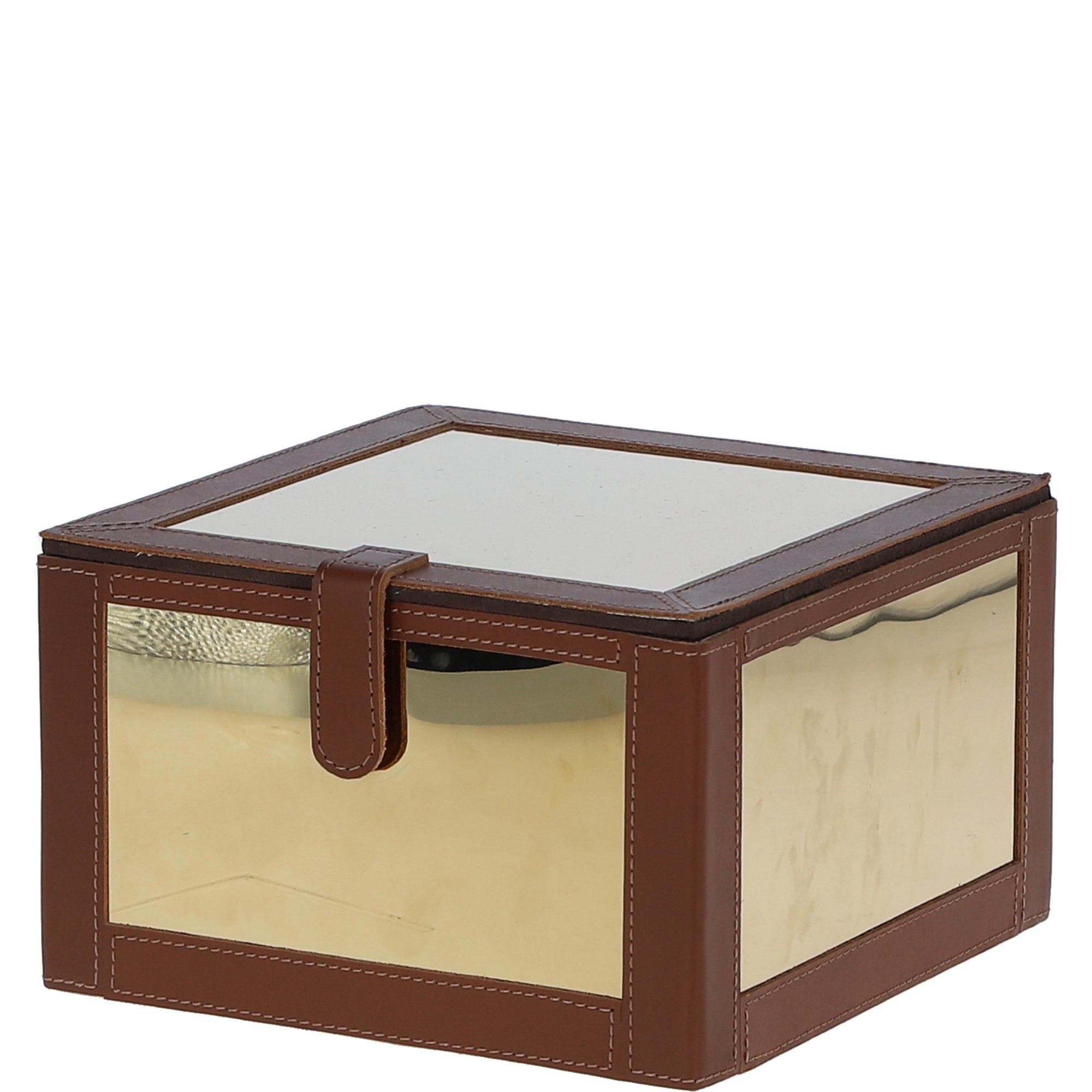 Wood and Aluminium Mirror Storage Box with Tan Leather Trim: AGC1856