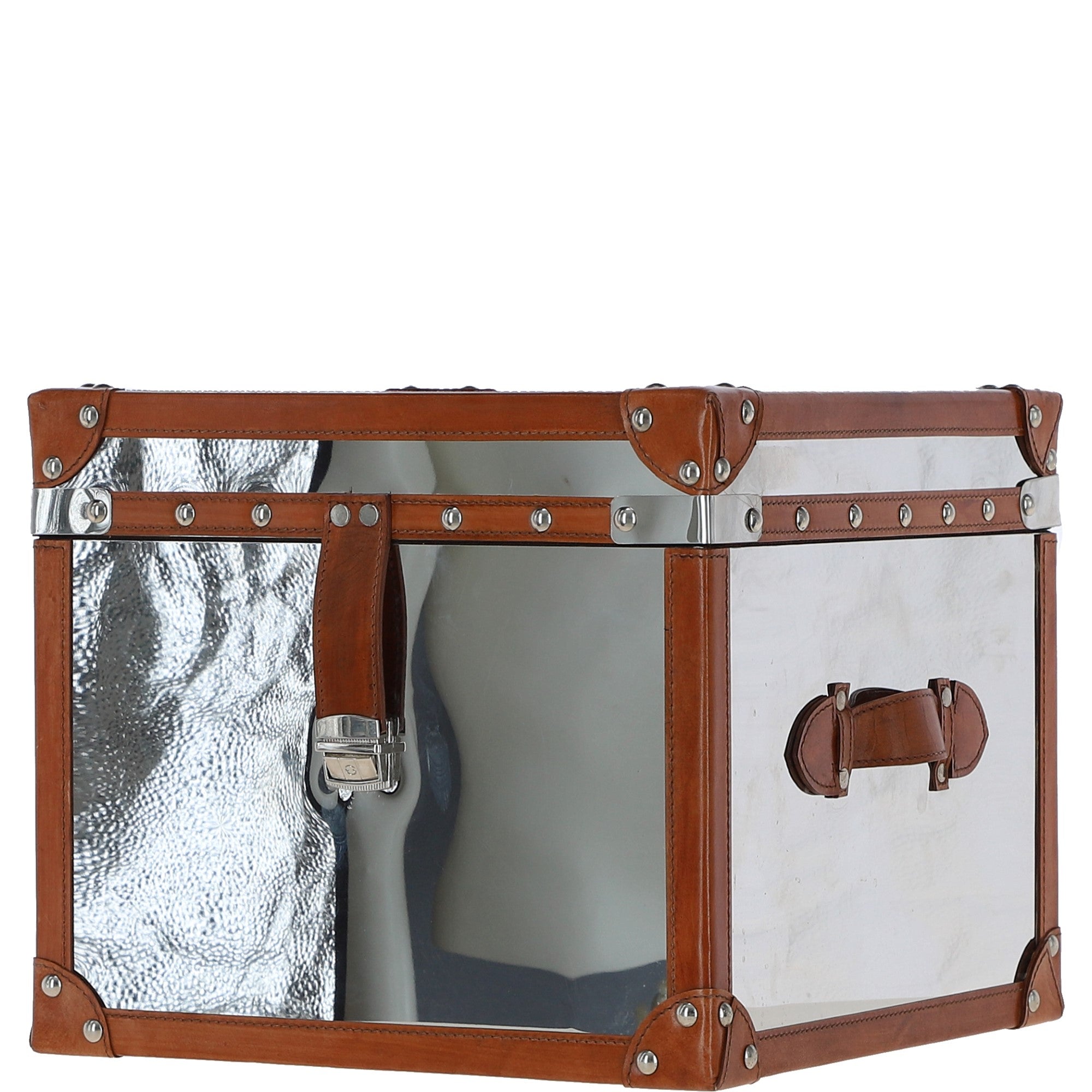 Wood and Aluminium Mirror Storage Box with Tan Leather Trim and Stud Detailing: AGC 28