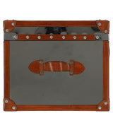 Wood and Aluminium Mirror Storage Box with Tan Leather Trim and Stud Detailing: AGC 28