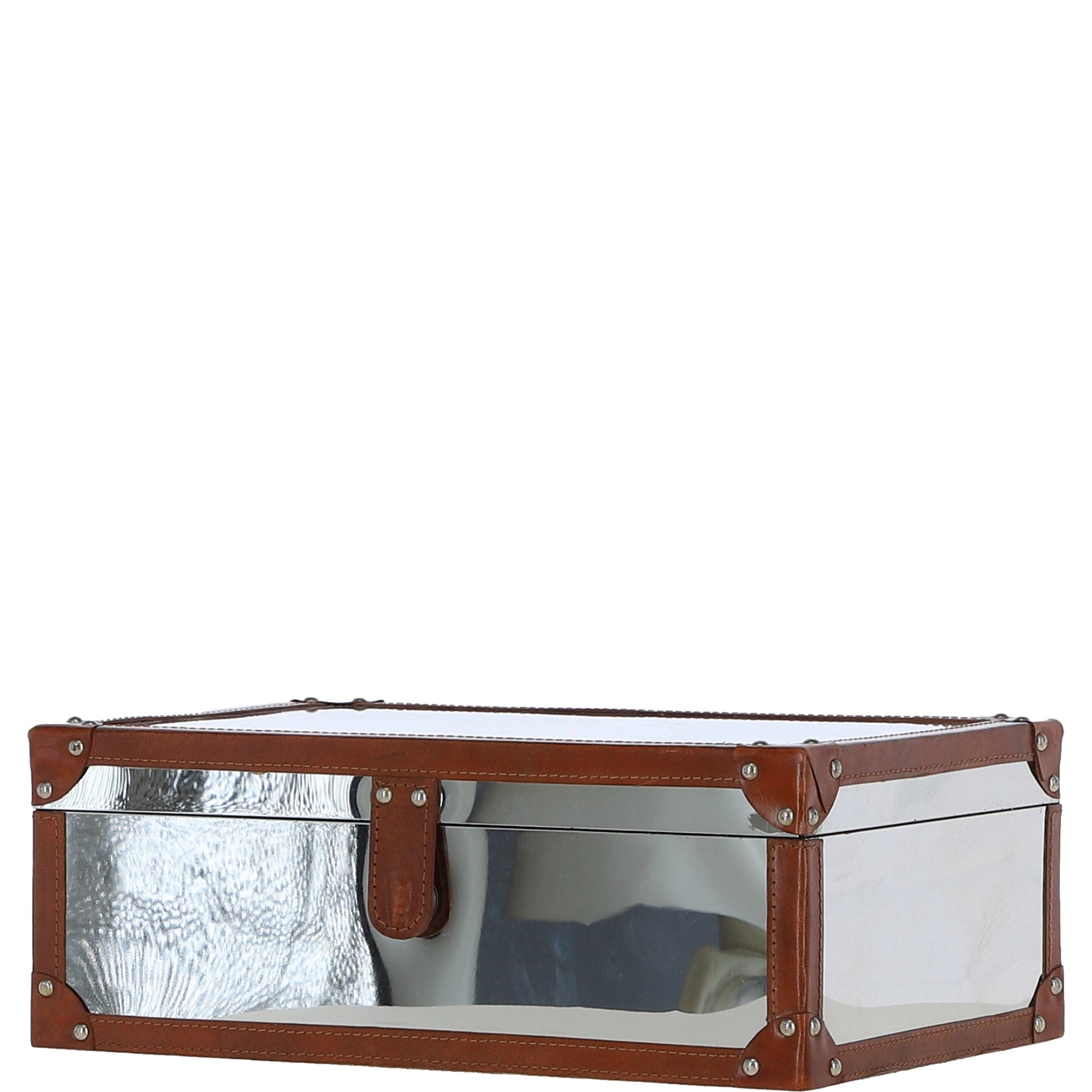 Wood and Aluminium Mirror Storage Box with Tan Leather Trim and Stud Detailing: AGC 31