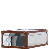 Wood and Aluminium Mirror Storage Box with Tan Leather Trim and Stud Detailing: AGC 31