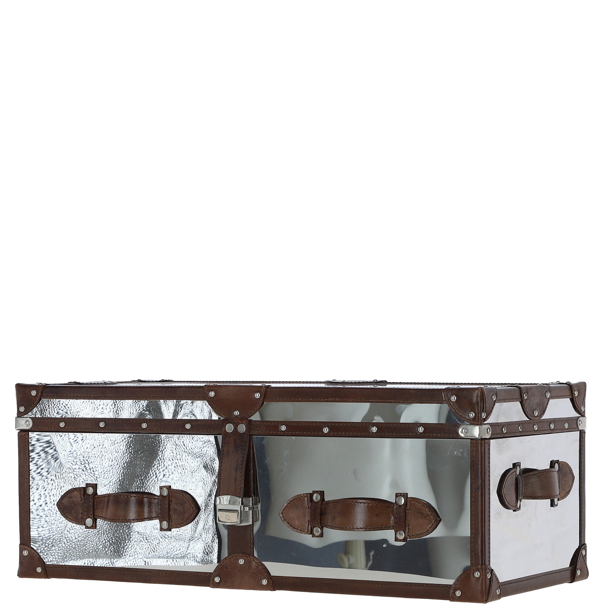 Wood and Aluminium Mirror Trunk with Brown Leather Trim and Stud Detailing: AGC 908