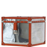 Wood and Aluminium Mirror Storage Box with Tan Leather Trim and Stud Detailing: AGC 918