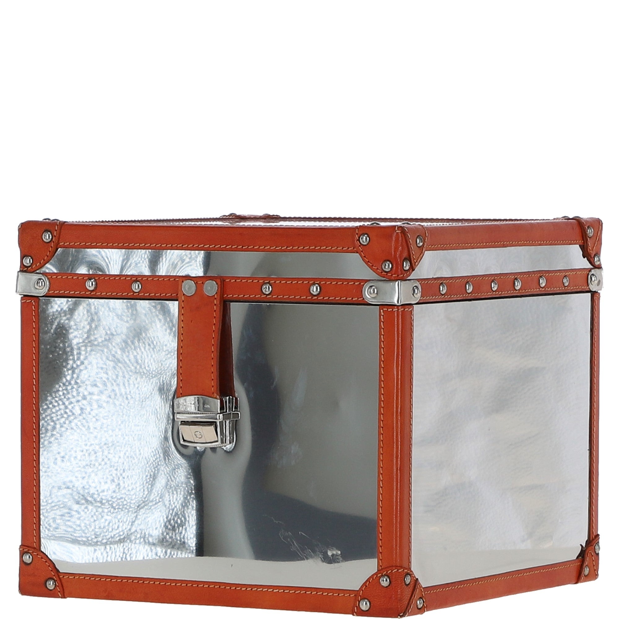 Wood and Aluminium Mirror Storage Box with Tan Leather Trim and Stud Detailing: AGC 918