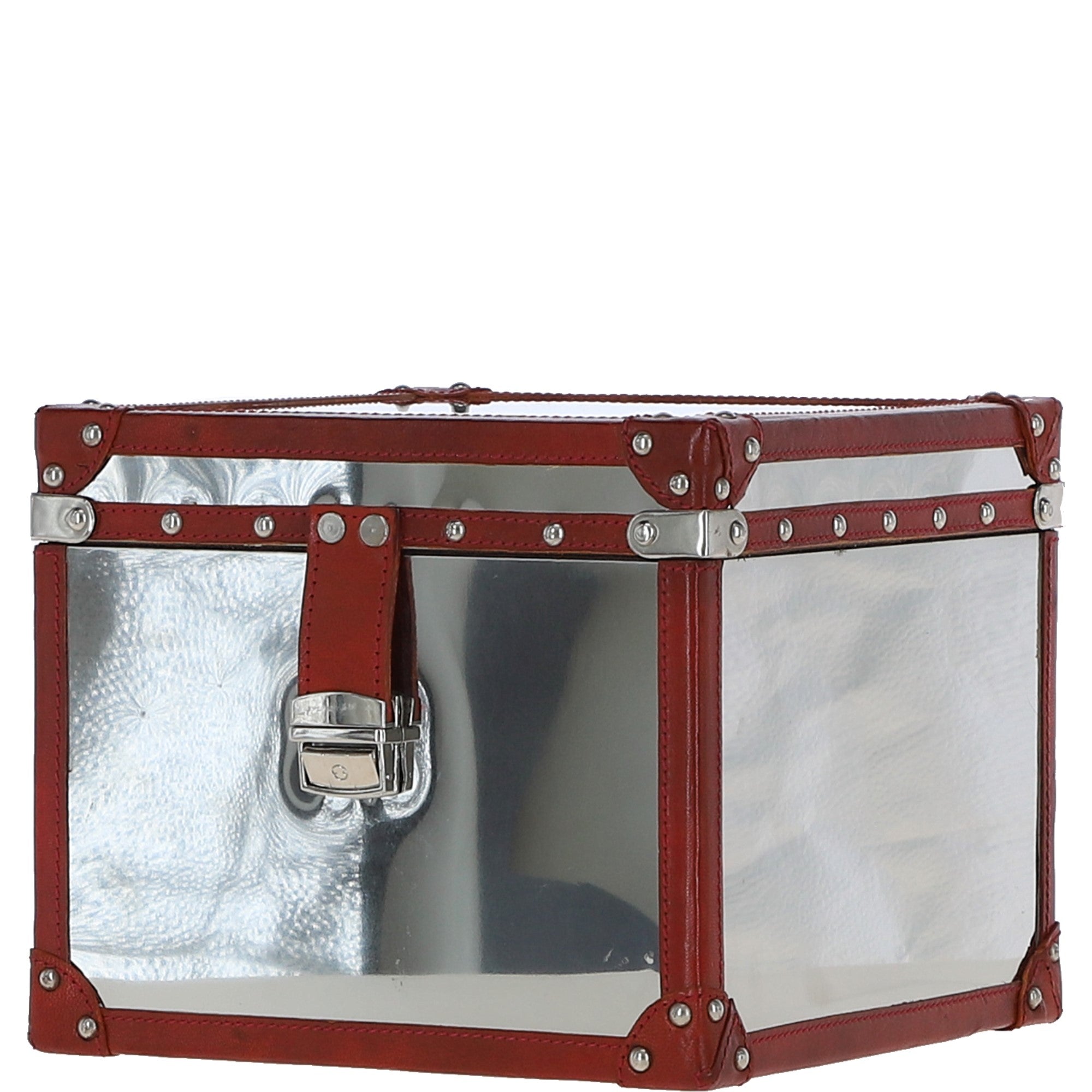 Wood and Aluminium Mirror Storage Box with Red Leather Trim and Stud Detailing: AGC 919