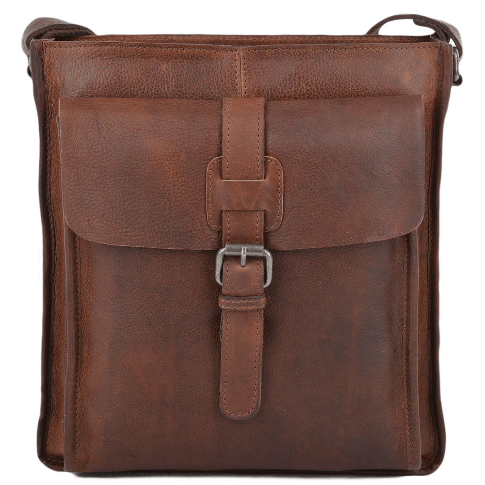 Mens 3 Pocket Medium Leather Messenger Bag Tan : 4552