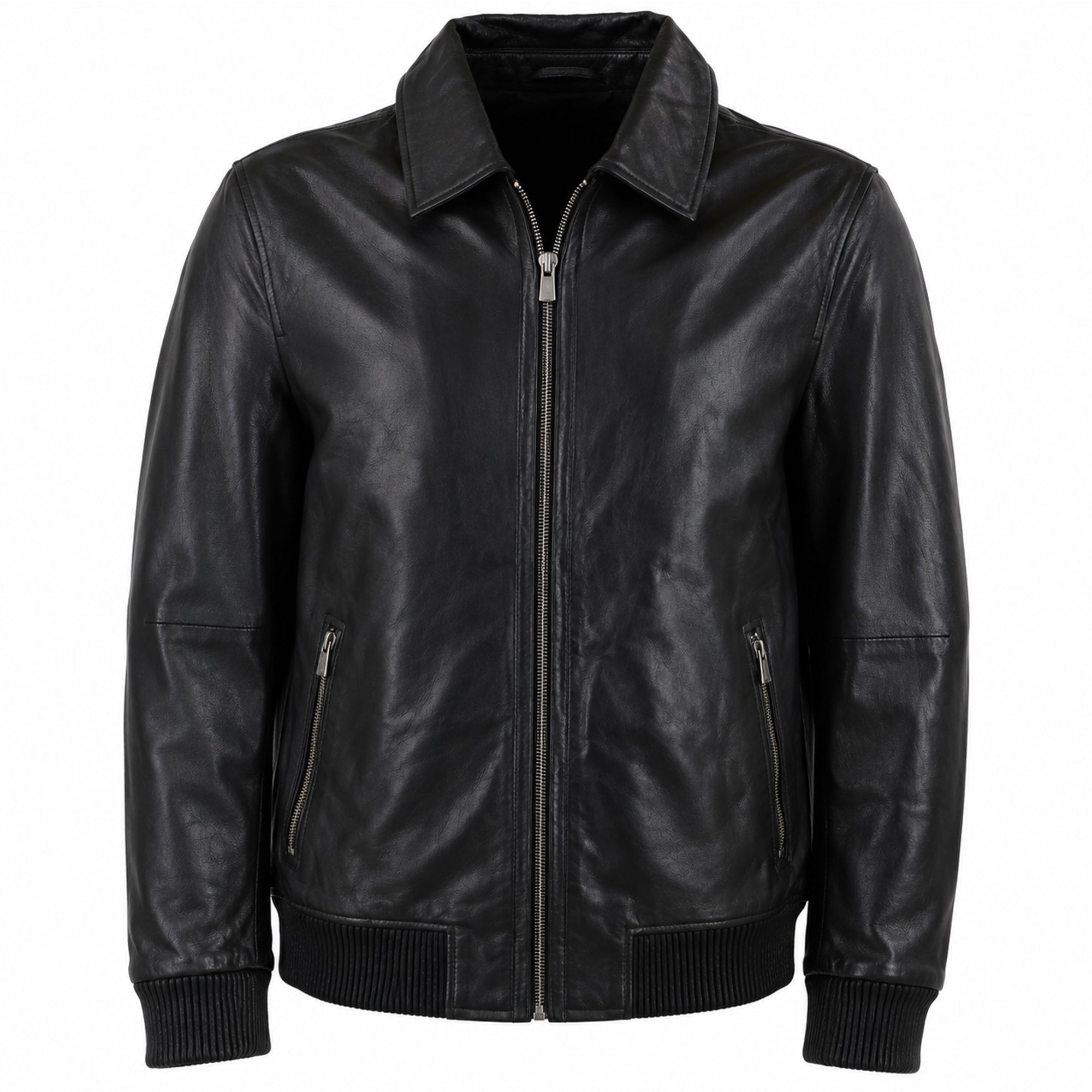 Ashwood's Genuine Leather Bomber Jacket with Collar and Leather Ribbed Trim in Black: Autograph