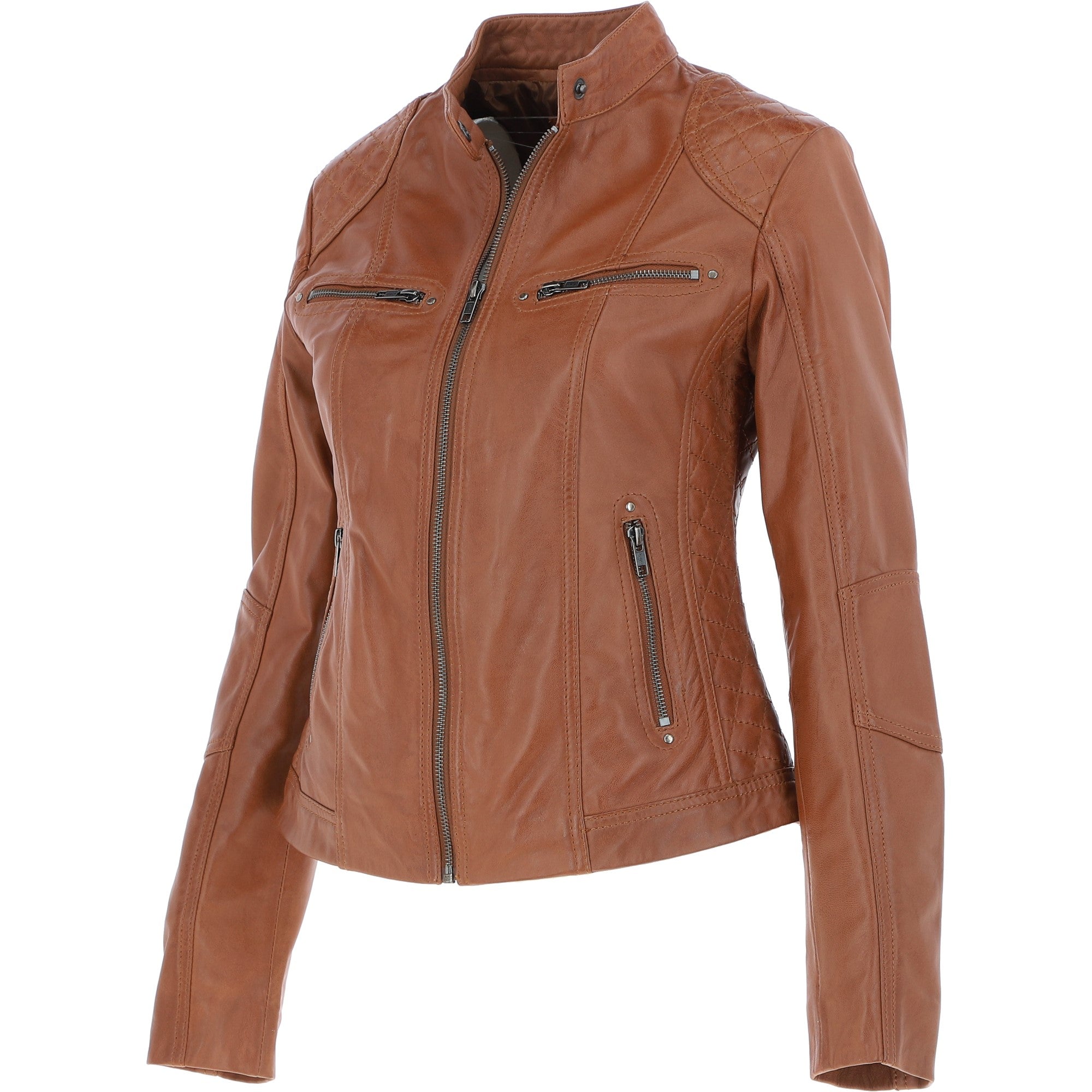 Leather Biker Style Jacket Tan : Awl-1201