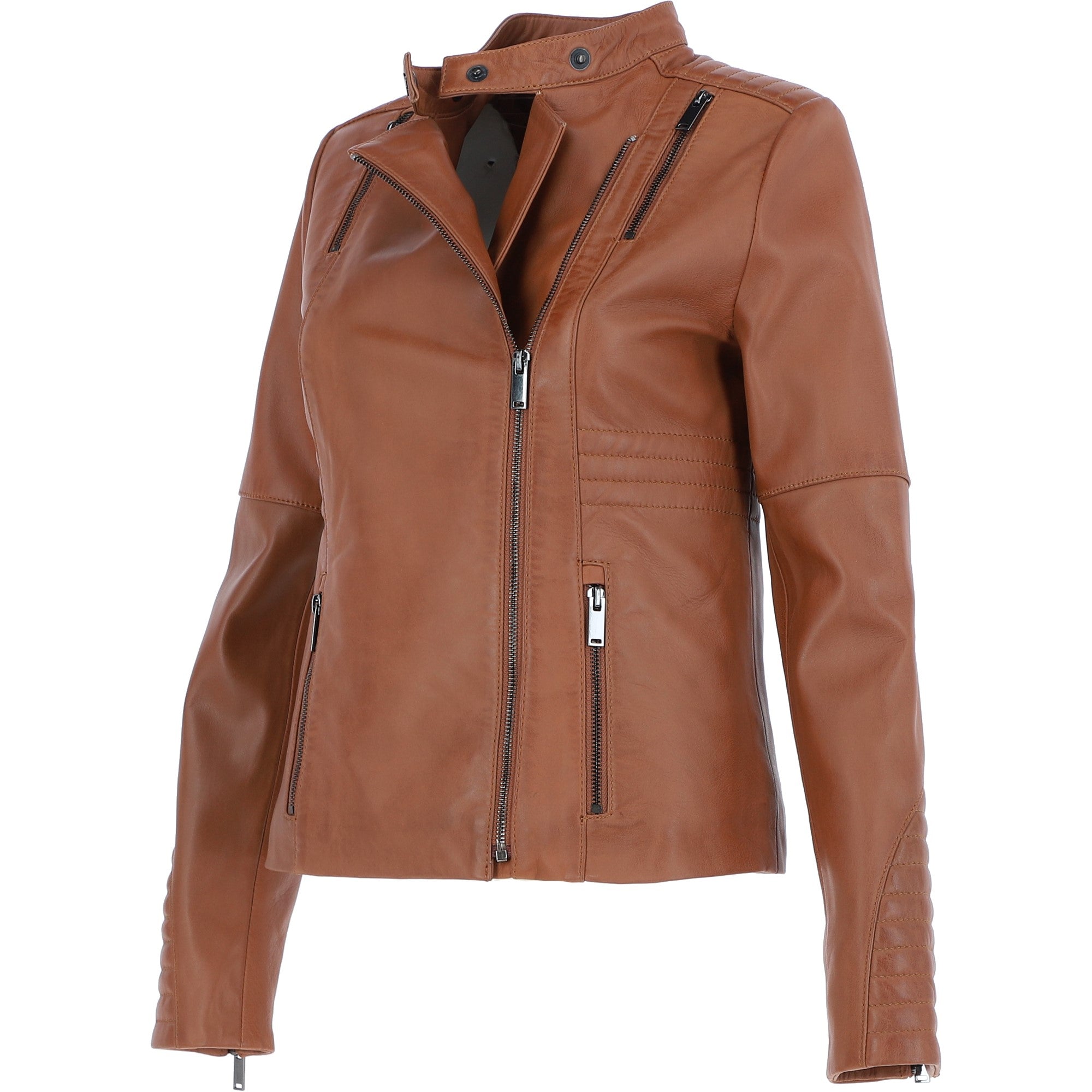 Ashwood Leather Mandarin Collar Ladies Biker Jacket - Tan: AWL-2003
