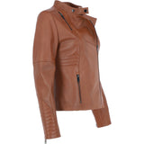 Ashwood Leather Mandarin Collar Ladies Biker Jacket - Tan: AWL-2003