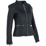 Ladies Veg Tanned Leather Mandarin Collar Biker Jacket Black: AWL-265