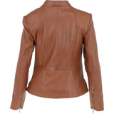 Ladies Veg Tanned Leather Mandarin Collar Biker Jacket Tan: AWL-265