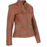 Ladies Veg Tanned Leather Mandarin Collar Biker Jacket Tan: AWL-265