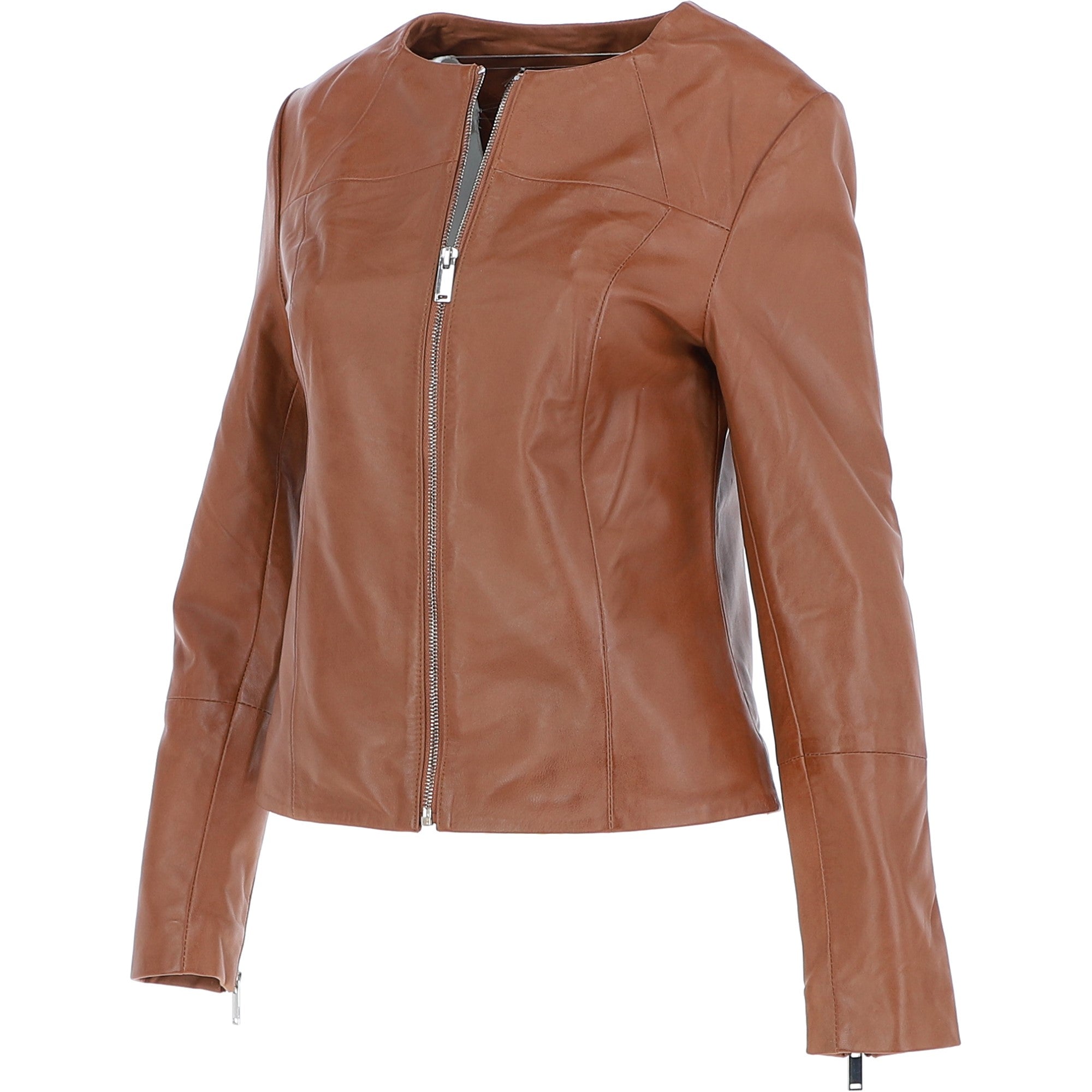 Women's Collarless Leather Fashion Jacket Tan: AWL-284