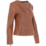 Women's Collarless Leather Fashion Jacket Tan: AWL-284