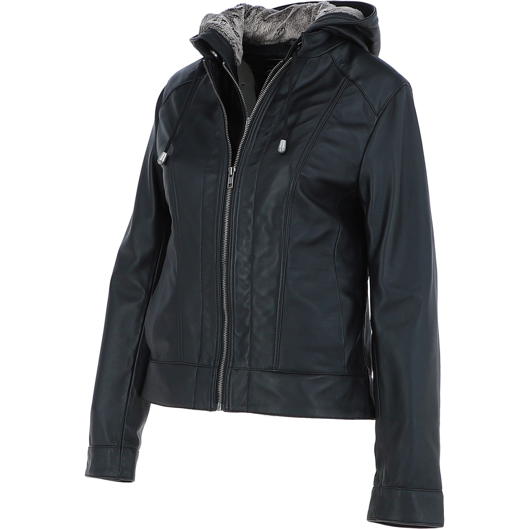 Womens Two-In-One Leather Hooded Jacket Black: awl-484