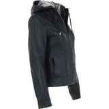 Womens Two-In-One Leather Hooded Jacket Black: awl-484