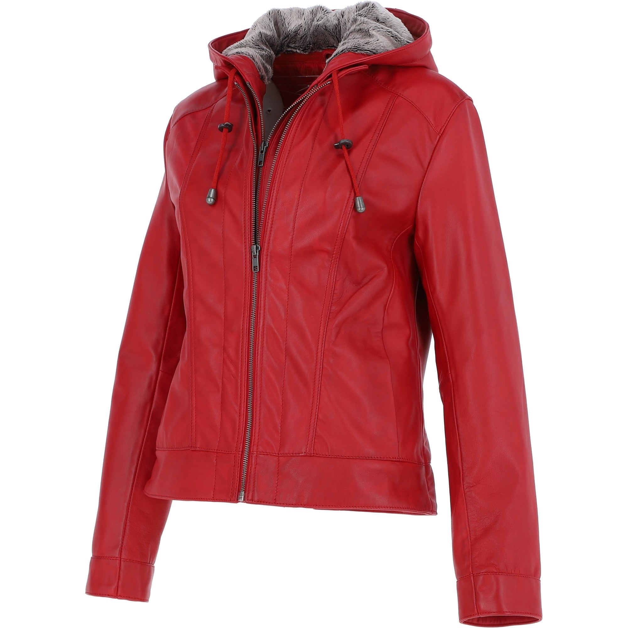 Womens Two-In-One Leather Hooded Jacket Red: awl-484