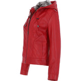 Womens Two-In-One Leather Hooded Jacket Red: awl-484