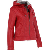 Womens Two-In-One Leather Hooded Jacket Red: awl-484