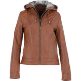 Womens Two-In-One Leather Hooded Jacket Tan: awl-484
