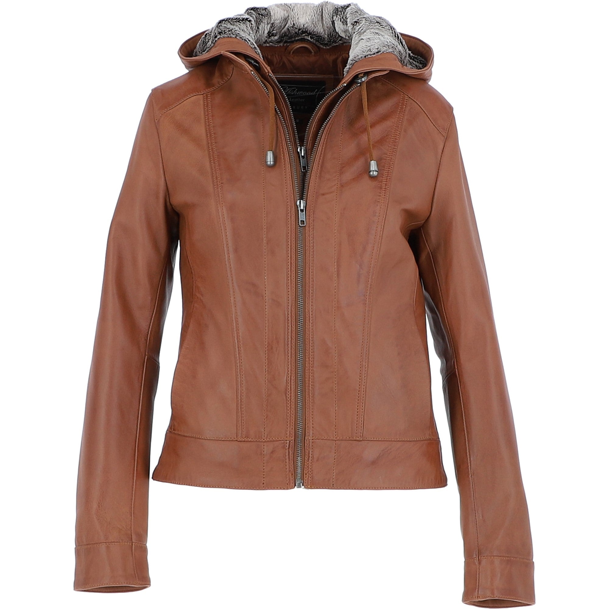Womens Two-In-One Leather Hooded Jacket Tan: awl-484