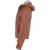 Womens Two-In-One Leather Hooded Jacket Tan: awl-484