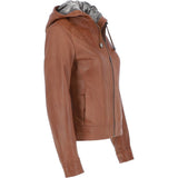 Womens Two-In-One Leather Hooded Jacket Tan: awl-484