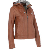 Womens Two-In-One Leather Hooded Jacket Tan: awl-484