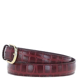 Women's Croc Print Leather Belt with Gold Metal Pin Buckle Bordeaux: C-99