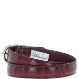 Women's Croc Print Leather Belt with Gold Metal Pin Buckle Bordeaux: C-99