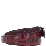Women's Croc Print Leather Belt with Gold Metal Pin Buckle Bordeaux: C-99