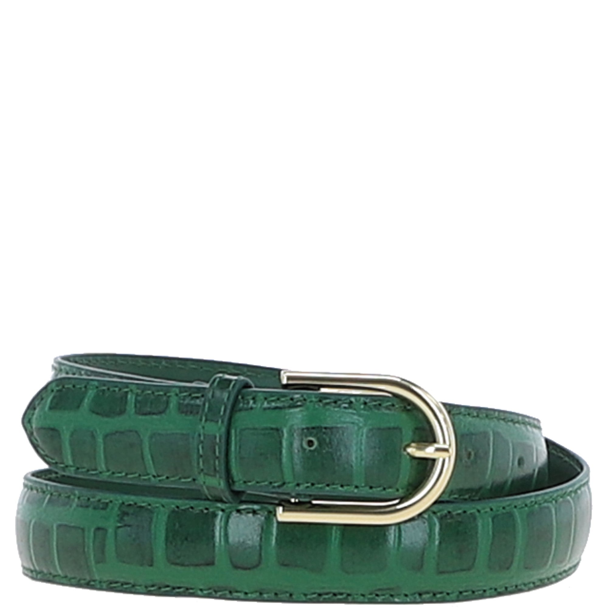 Women's Croc Print Leather Belt with Gold Metal Pin Buckle Green: C-99