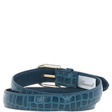 Women's Croc Print Leather Belt with Gold Metal Pin Buckle Teal: C-99