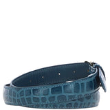 Women's Croc Print Leather Belt with Gold Metal Pin Buckle Teal: C-99