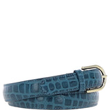 Women's Croc Print Leather Belt with Gold Metal Pin Buckle Teal: C-99