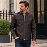 Ashwood Men’s Casual Real Leather Jacket with Mandarin Collar and Hidden Zip Brown: AWM-COOPER